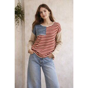 American Flag Sweater Women M Myra Bag Patriotic USA Boho Patchwork Stars Stripe